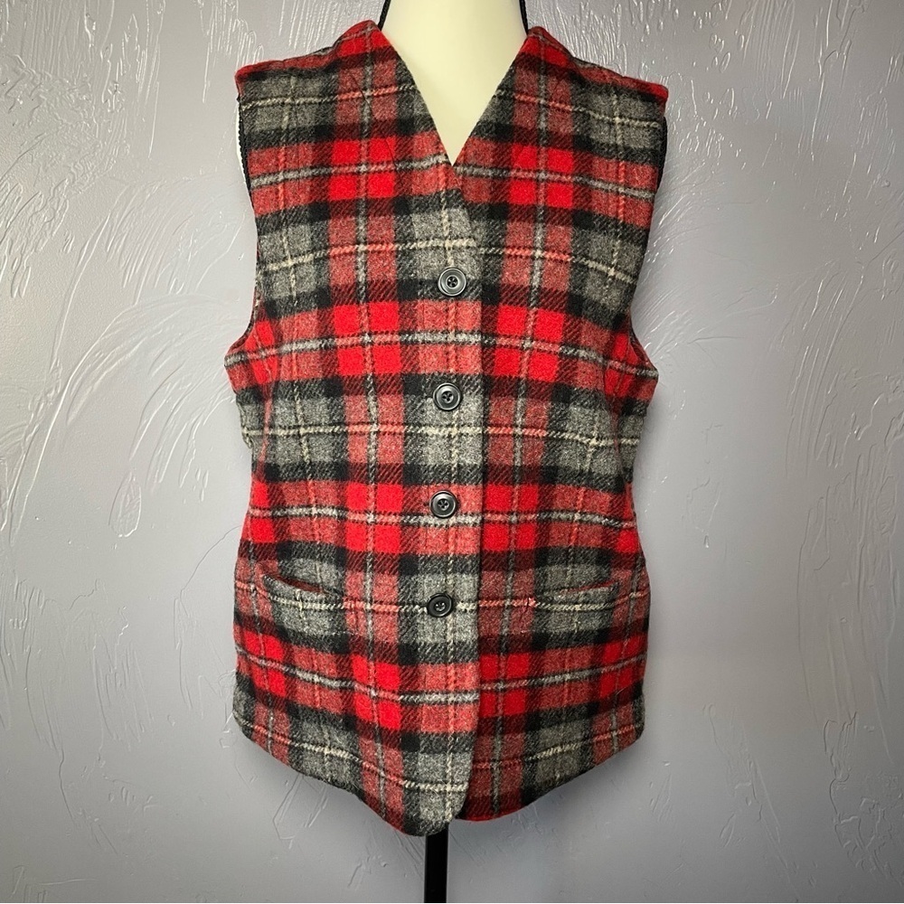 Vintage Eddie Bauer Wool Plaid Button Vest Red Grey Women’s Small